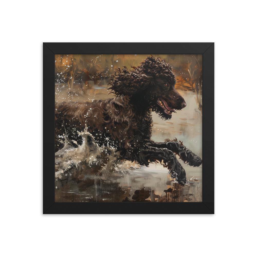 Irish Water Spaniel Splashing in Lake Art Framed Poster - Oh Posters