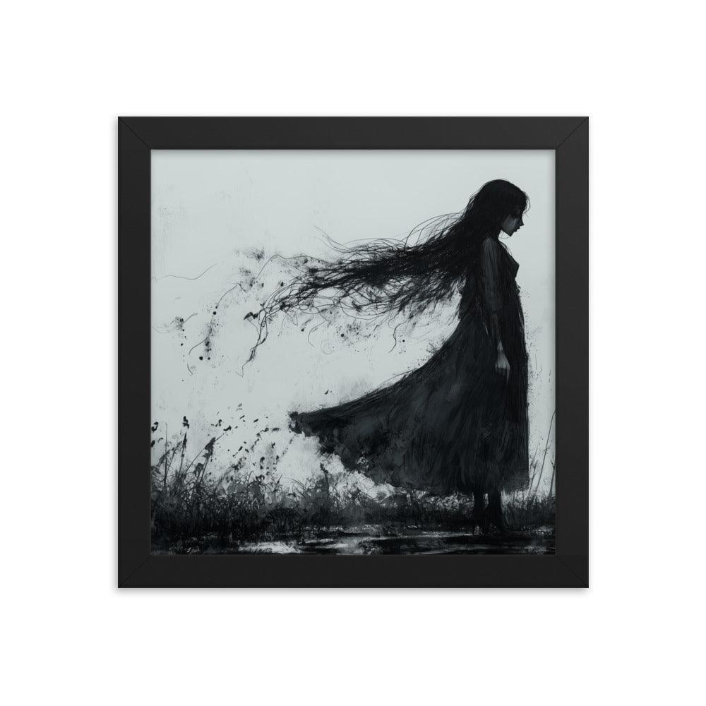 Dark Silhouette Woman in Gloomy Field Ink Illustration Framed Poster - Oh Posters