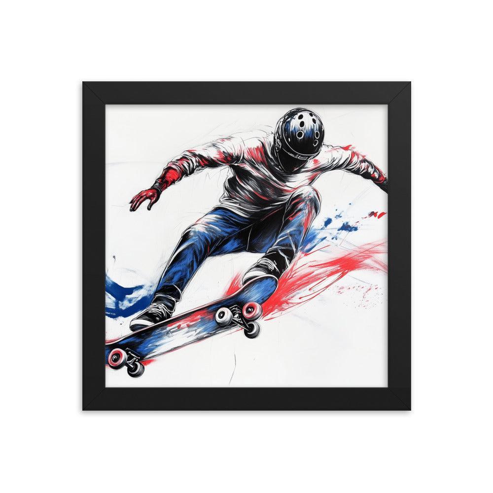 High-Energy Skateboarder with Helmet Abstract Sketch Framed Poster - Oh Posters