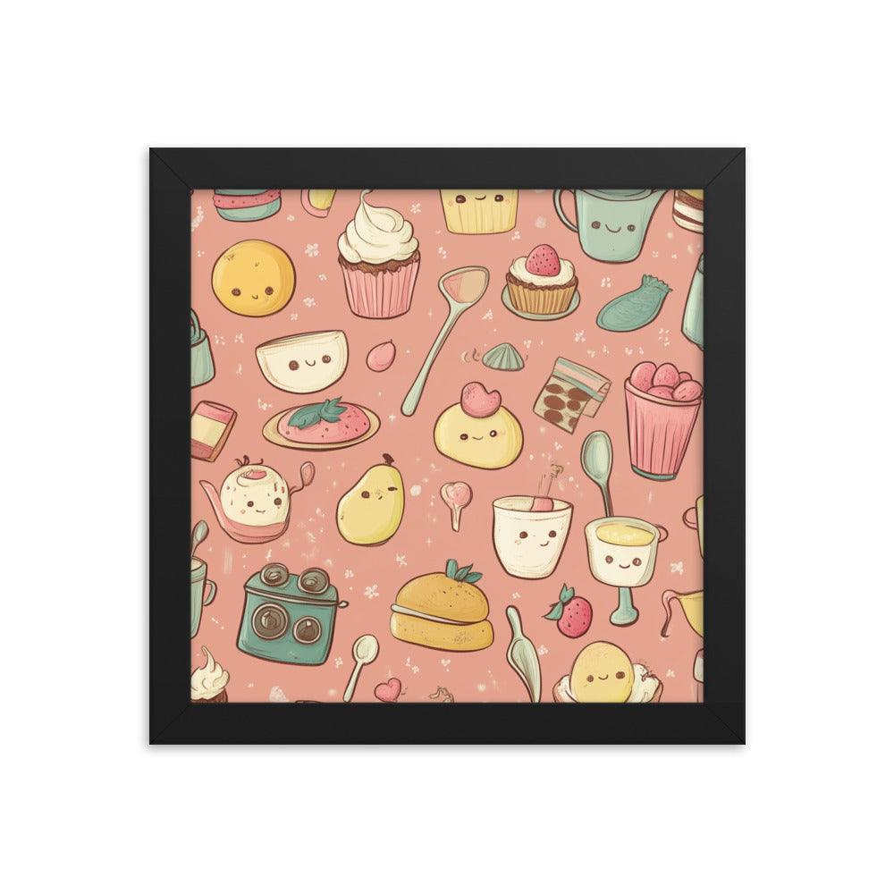 Kawaii Food and Kitchen Utensils Cute Doodle Pattern Framed Poster - Oh Posters