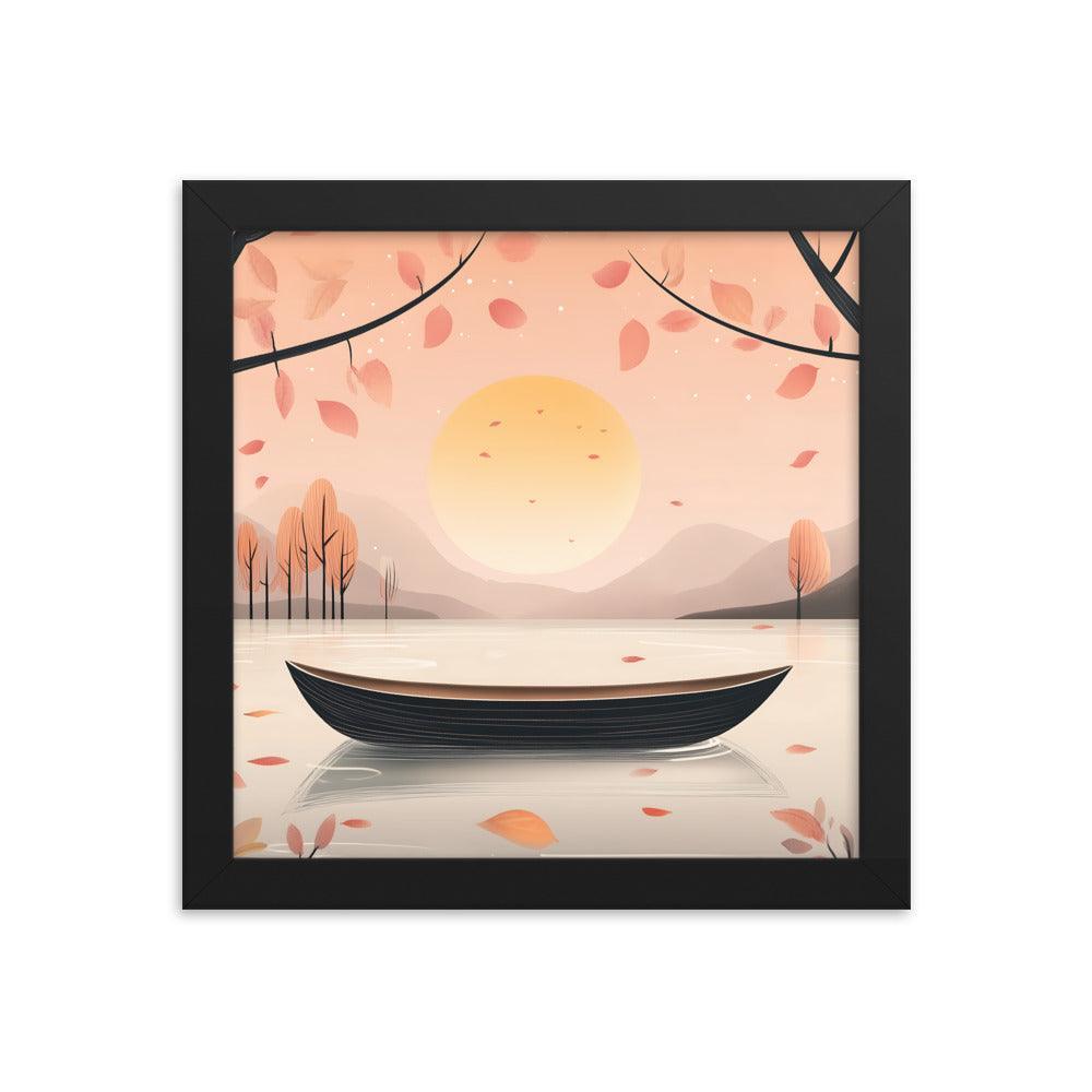 Peaceful Autumn Lake Scene with Soft Sunset and Falling Leaves Framed Poster - Oh Posters