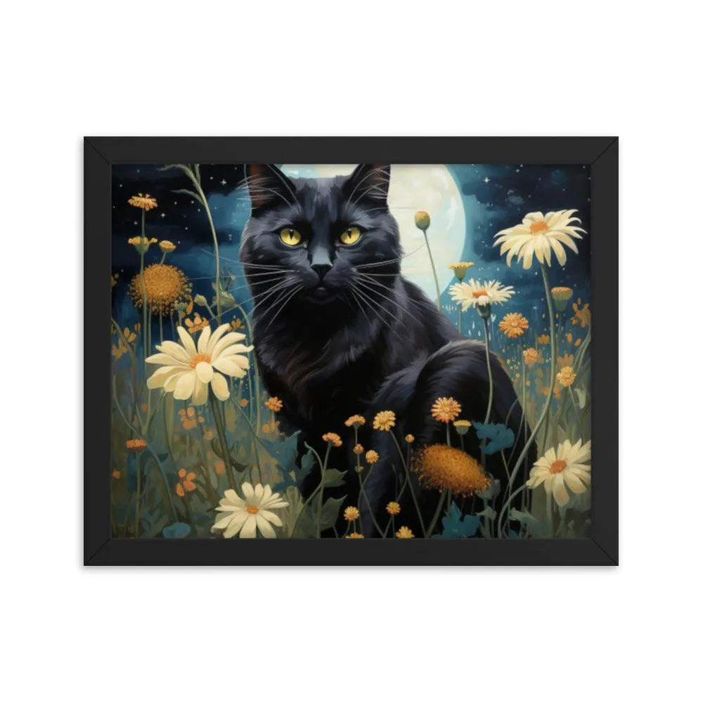 Cat in Moonlit Floral Garden Framed Poster - Oh Posters
