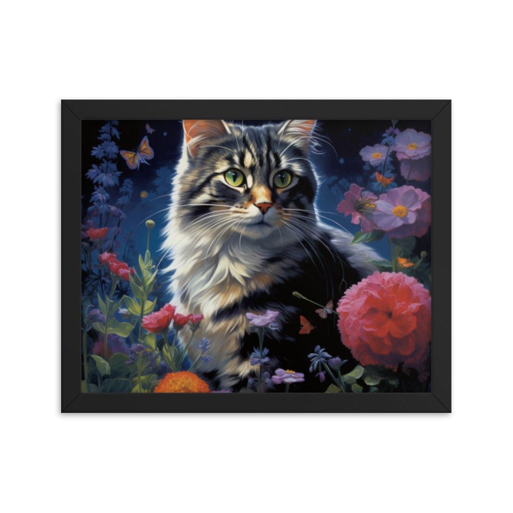 Cat in Moonlit Floral Garden Framed Poster - Oh Posters