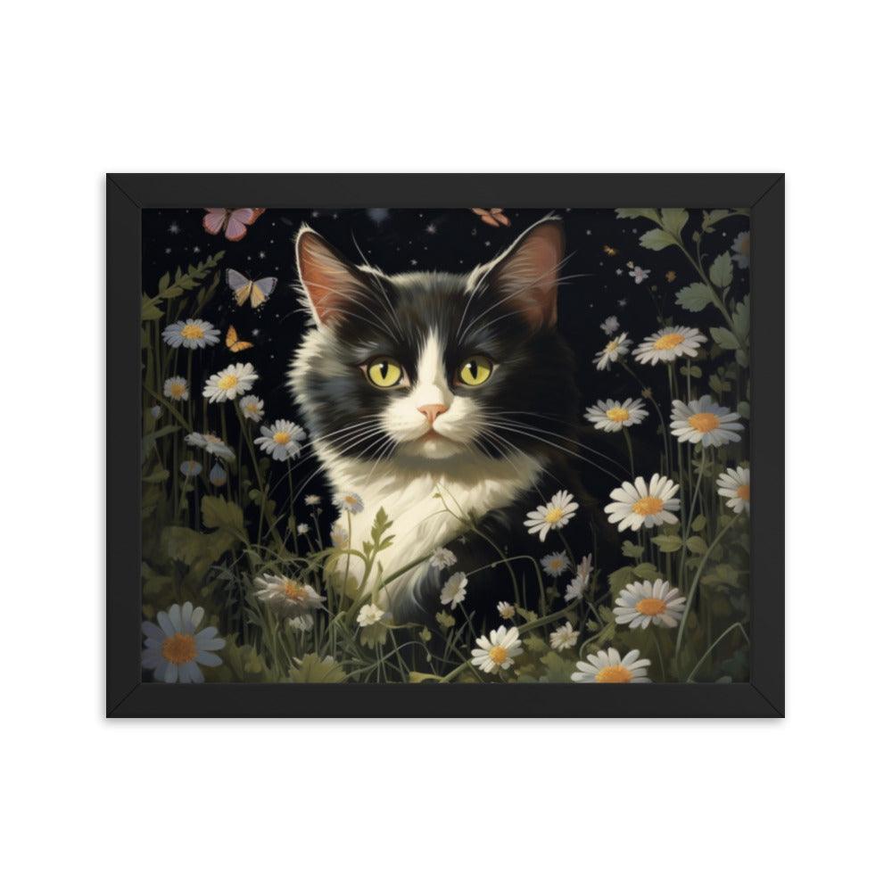 Cat in Moonlit Floral Garden Framed Poster - Oh Posters