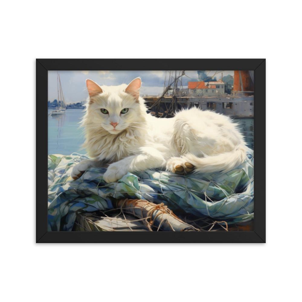 Cat Lounging at Seaside Harbor Framed Poster - Oh Posters