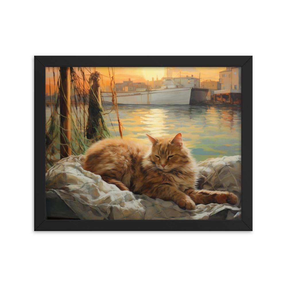 Cat Lounging at Seaside Harbor Framed Poster - Oh Posters