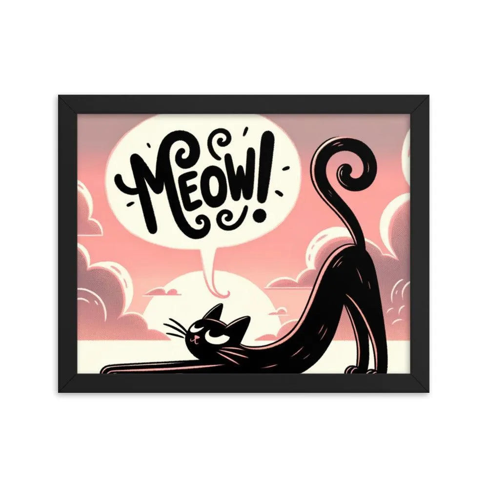 Cat Stretching Saying Meow at Sunset Framed Poster - Oh Posters