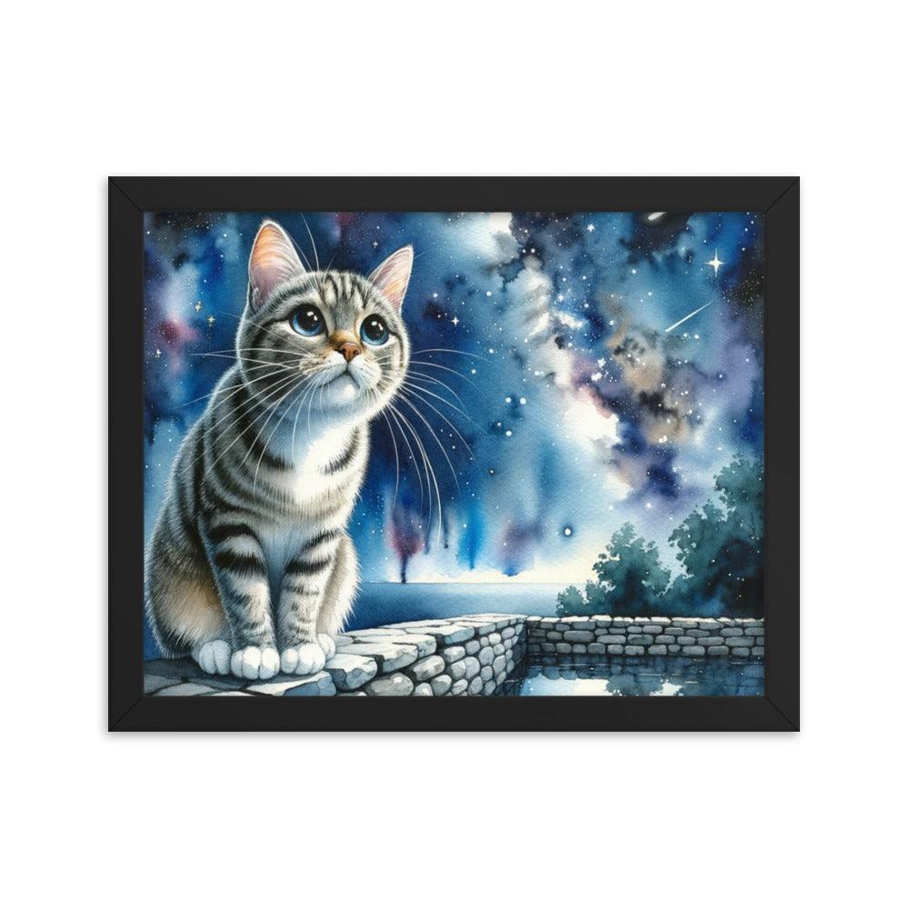 Cat on Wall under Starry Sky - Mystical Framed Poster - Oh Posters