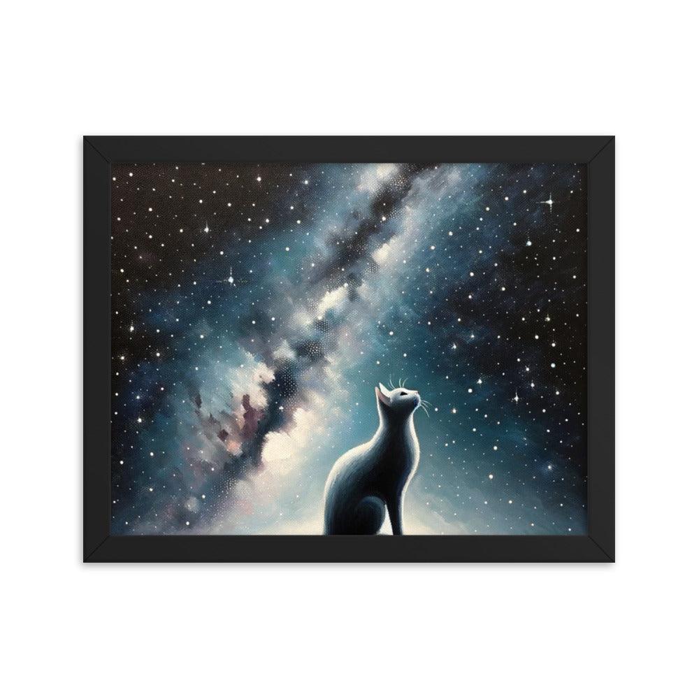 Cat on Hill Gazing at Moonlit Milky Way - Celestial Framed Poster - Oh Posters