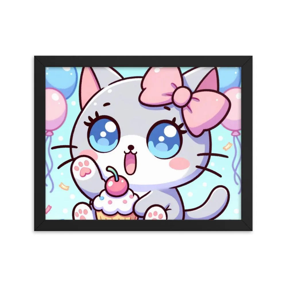 Kawaii Grey Cat with Cupcake Cute Anime Style Framed Poster - Oh Posters