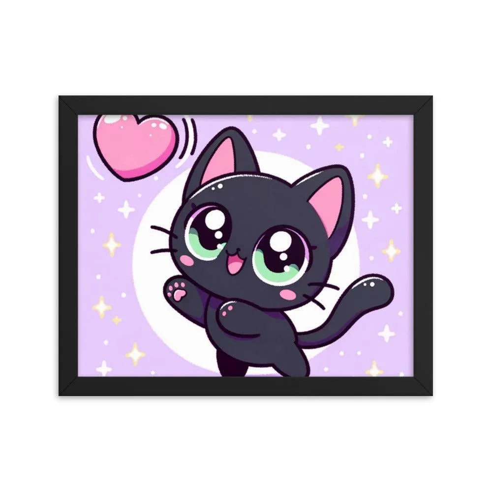 Kawaii Black Cat Heart Balloon Cute Illustration Framed Poster - Oh Posters