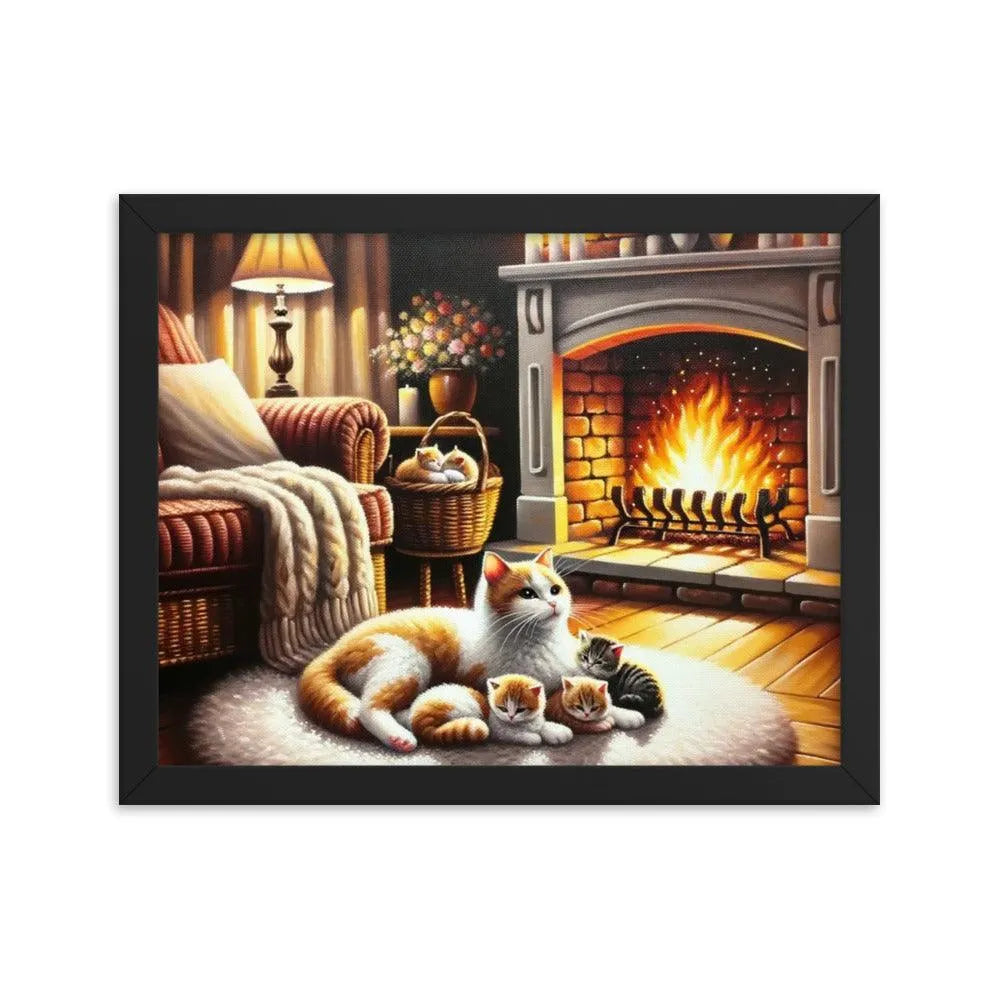 Cozy Fireplace Cat and Kittens Relaxing Art Framed Poster - Oh Posters