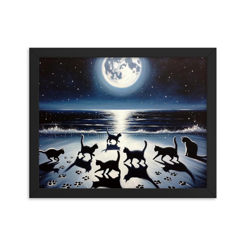 Cats Playing Tag on Moonlit Beach - Magical & Playful Framed Poster - Oh Posters