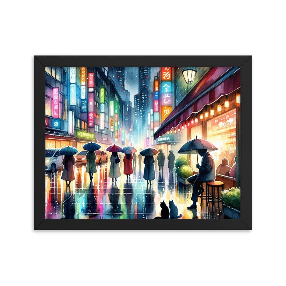 Cats Under Cafe Awning on Rainy City Evening - Atmospheric & Urban Framed Poster - Oh Posters