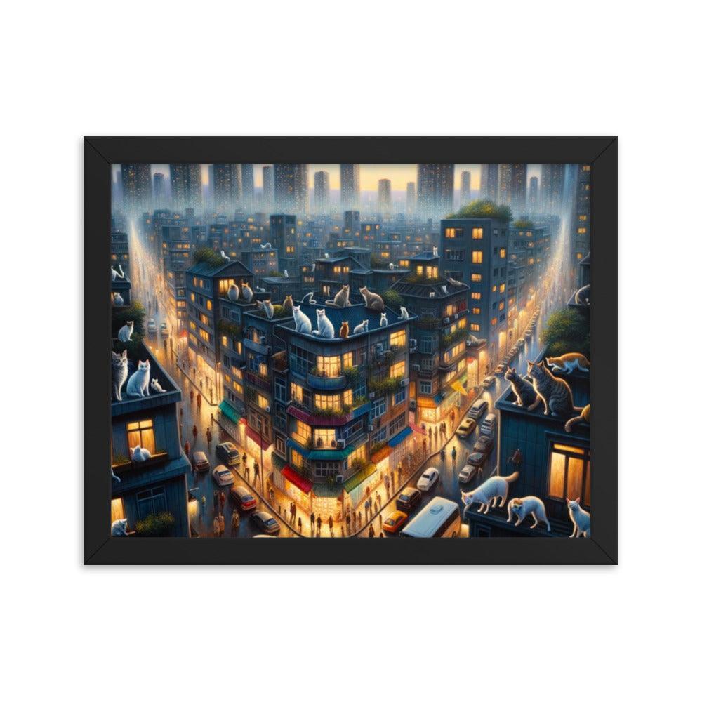 Cats' Twilight Cityscape Magical Glow Art Framed Poster - Oh Posters