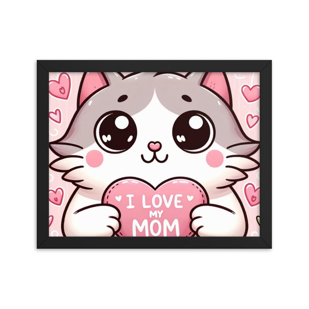 Cat Holding 'I Love My Mom' Sign on Lavender Heart Backdrop - Affectionate & Playful Framed Poster - Oh Posters