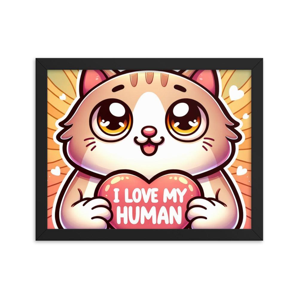 Cat with 'I Love My Human' Heart Sign on Warm Gradient - Affectionate Framed Poster - Oh Posters