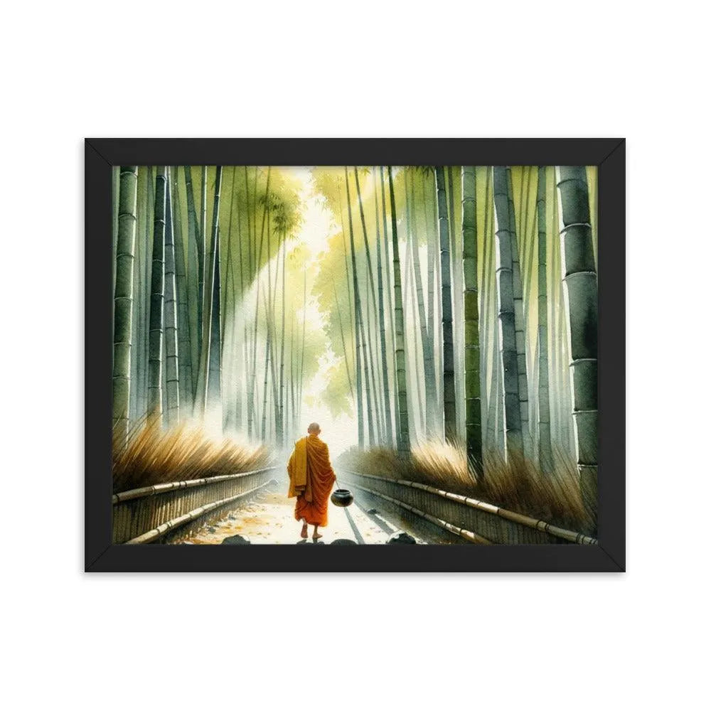 Monk in Bamboo Forest Collecting Dew - Serene Morning Reverie Framed Poster - Oh Posters