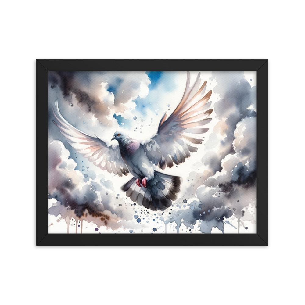 Majestic Pigeon Watercolor Sky Flight Art Framed Poster - Oh Posters