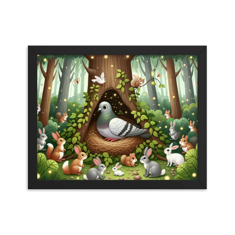 Pigeon in Forest Tree Hollow with Curious Creatures - Whimsical Woodland Framed Poster - Oh Posters