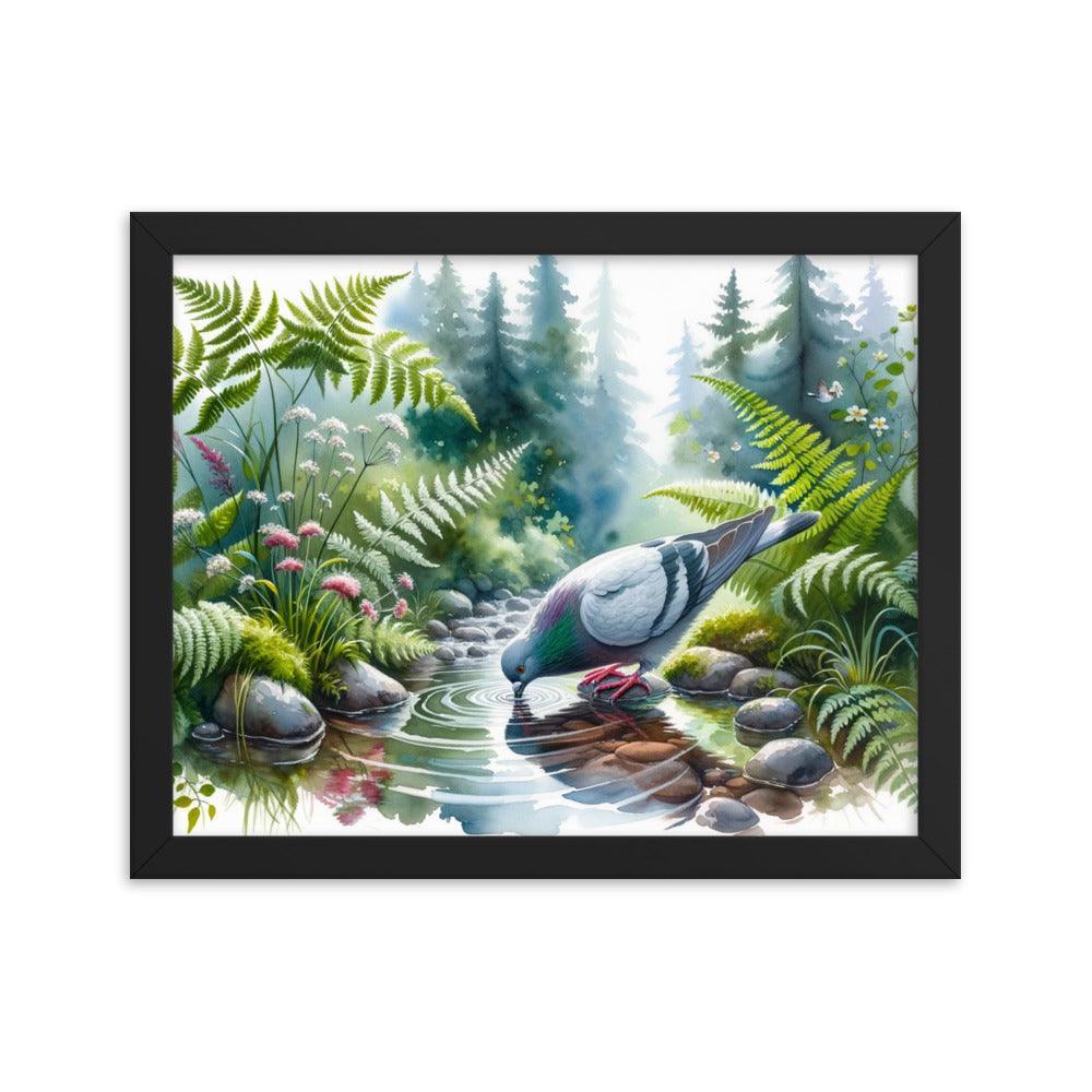 Pigeon Drinking from Forest Stream Art Framed Poster - Oh Posters