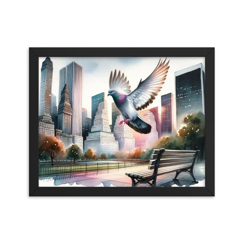 Urban Pigeon Over City Park Watercolor Illustration Framed Poster - Oh Posters