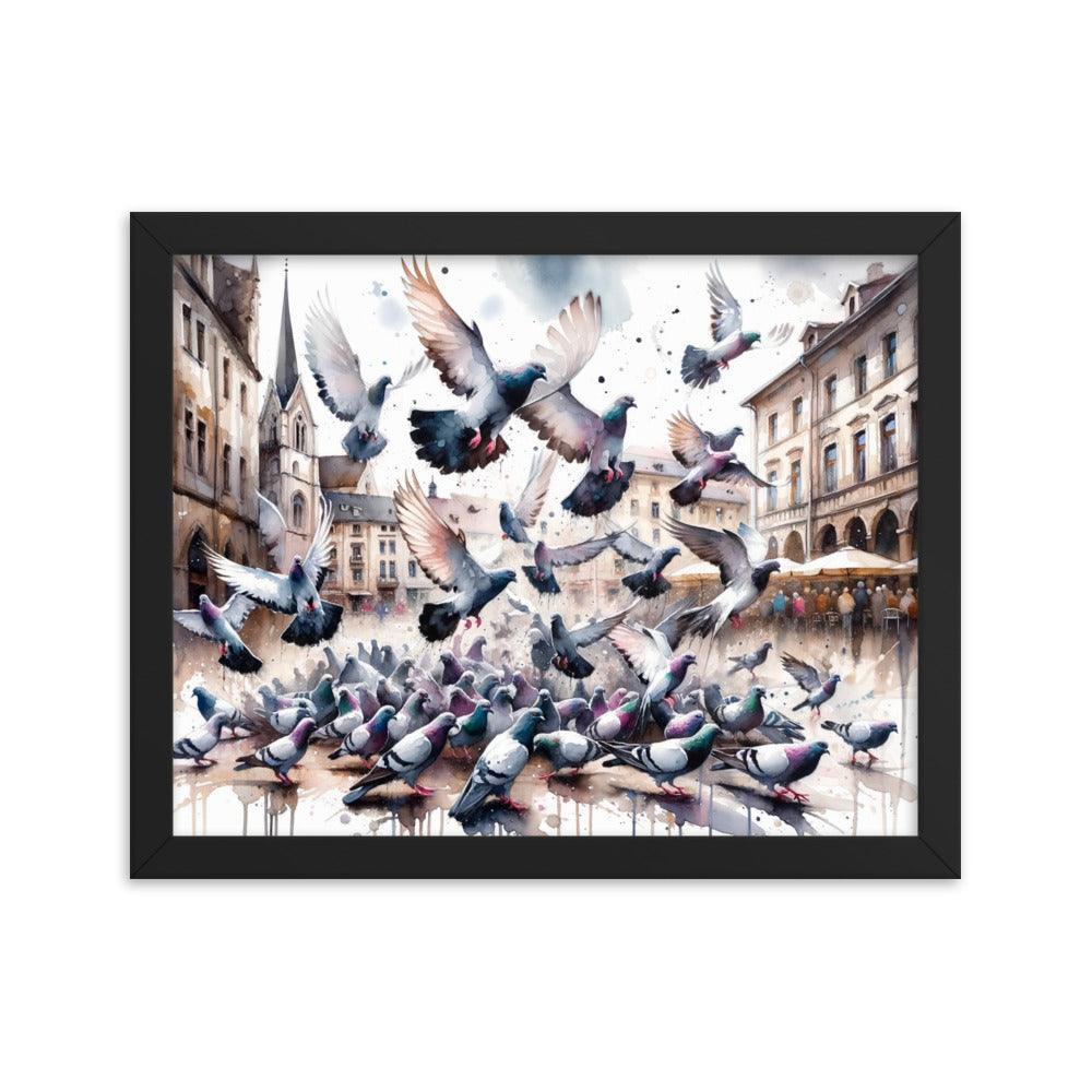 Pigeon Flock Dynamic Watercolor Cityscape Framed Poster - Oh Posters