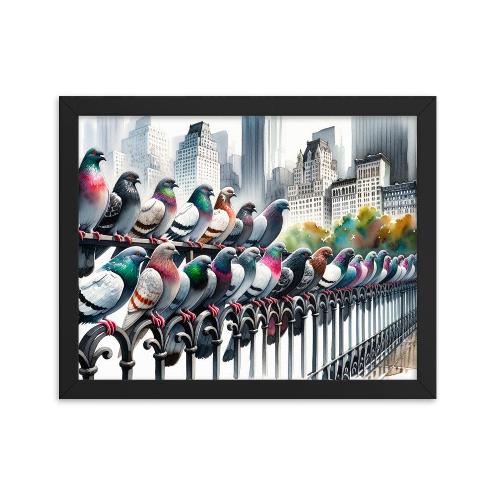 City Pigeons Flock Watercolor Skyline View Framed Poster - Oh Posters