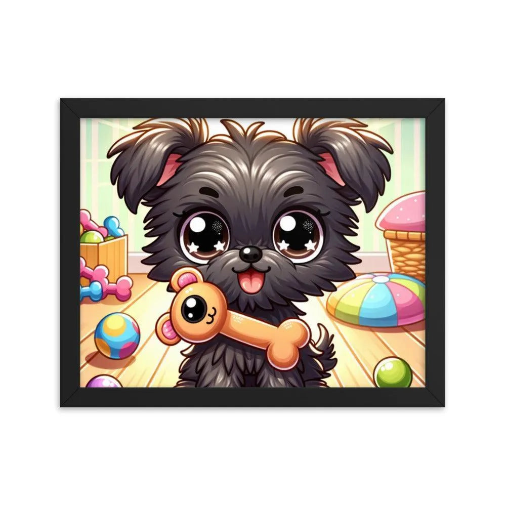 Cute Affenpinscher Puppy with Toy - Playful Charm in Cartoon Framed Poster - Oh Posters