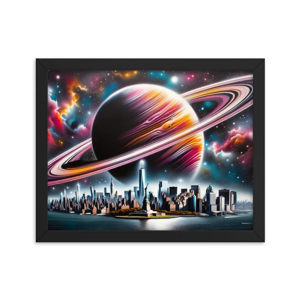 Futuristic New York City Skyline with Saturn Spray Paint Art Framed Poster - Oh Posters