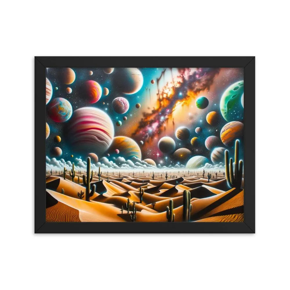 Desert Landscape with Colorful Graffiti Planets Spray Paint Art Framed Poster - Oh Posters