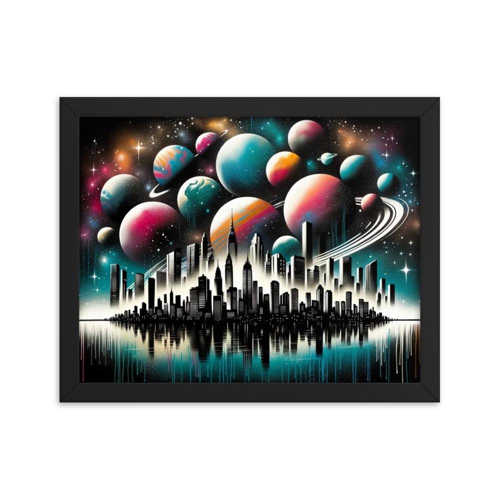 Cityscape Silhouette with Cosmic Planet Sky Spray Paint Art Framed Poster - Oh Posters