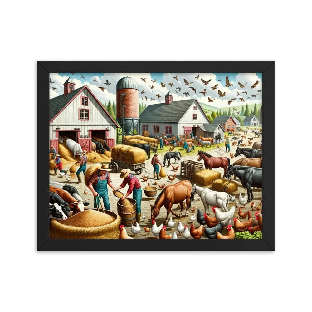 Lively Farmyard Feeding Time Illustration Framed Poster - Oh Posters