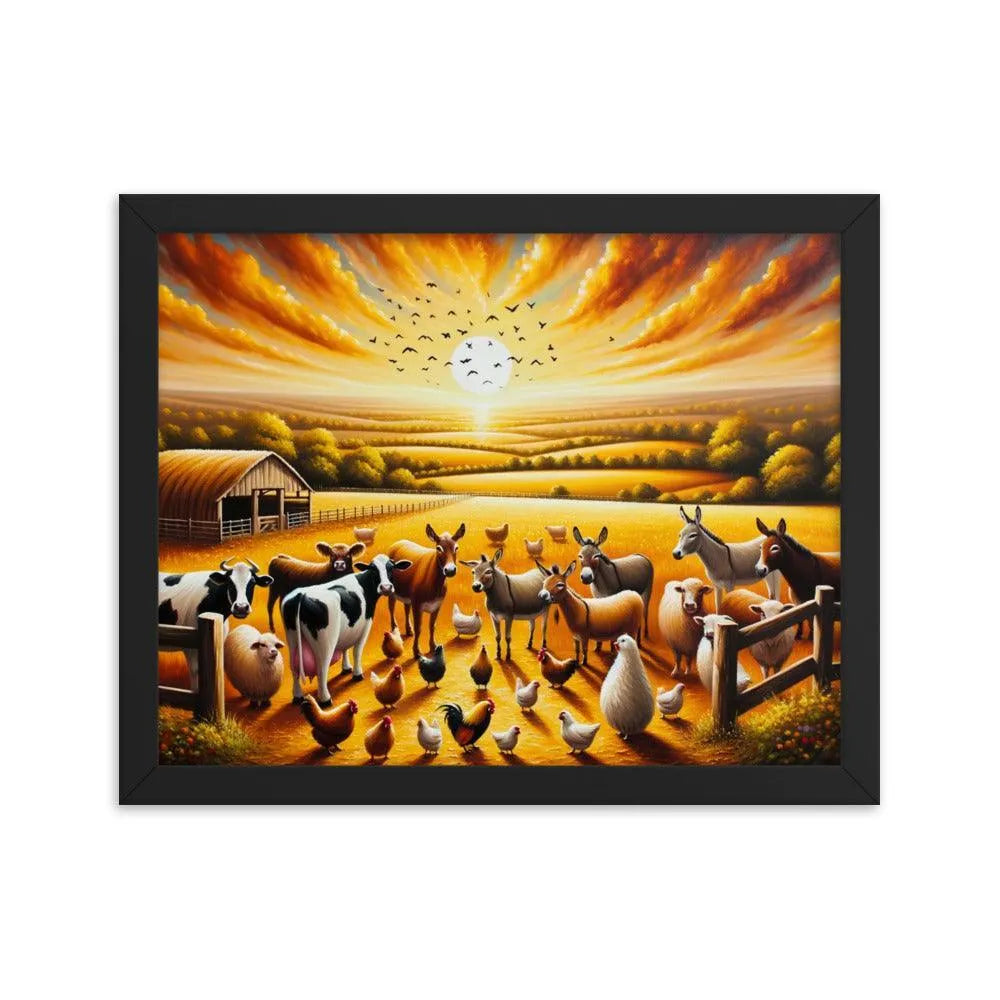 Golden Hour Farm Animals Acrylic Painting Framed Poster - Oh Posters