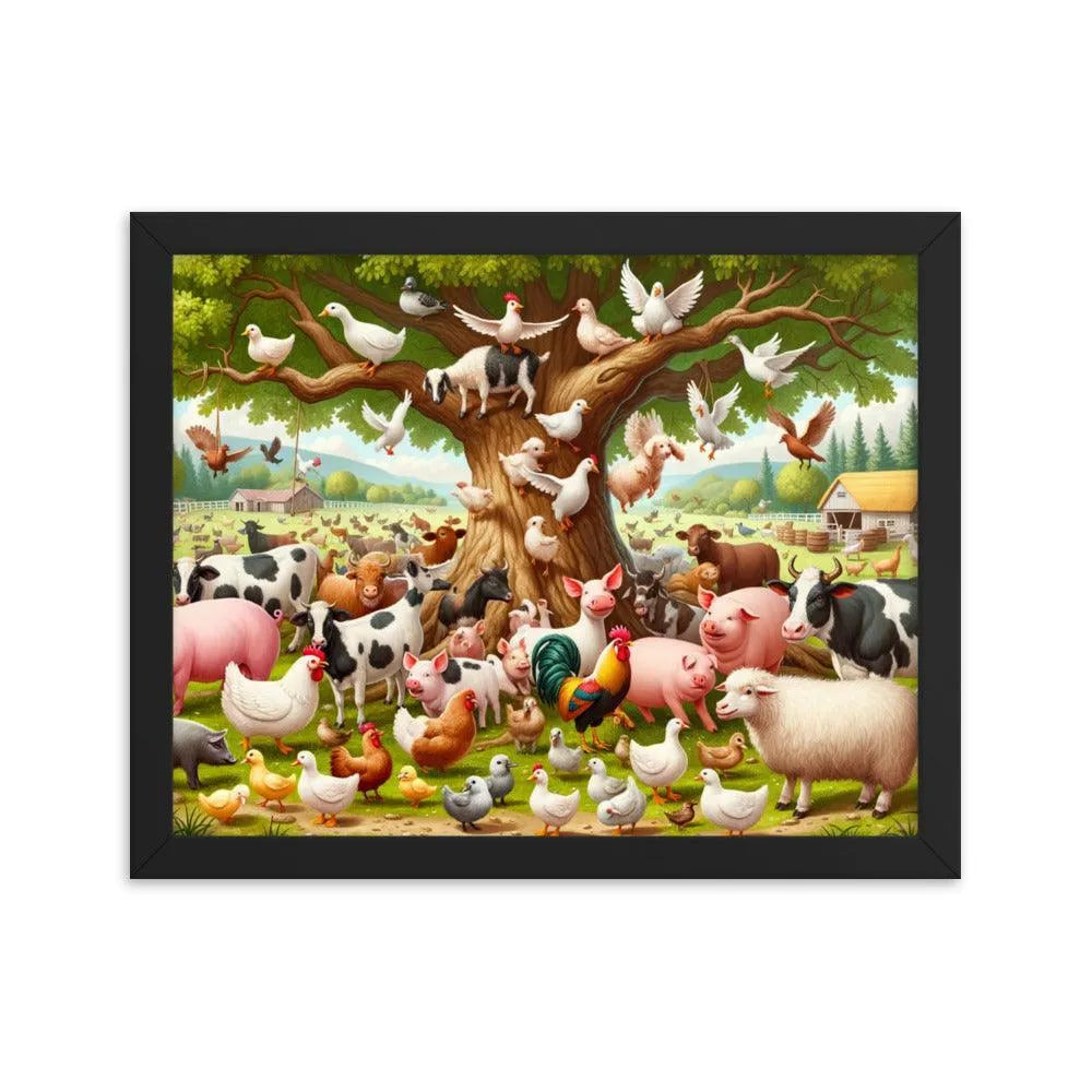 Diverse Farm Animal Gathering Illustration Framed Poster - Oh Posters