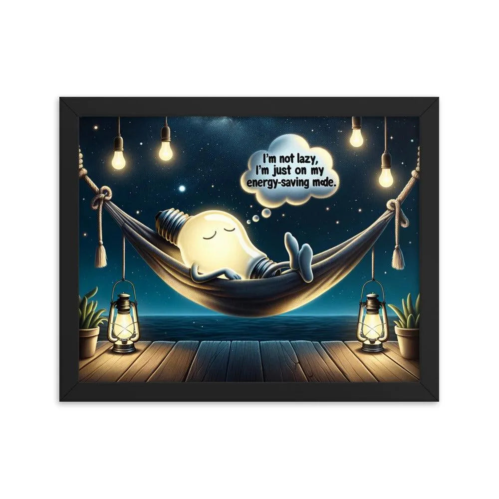 Lazy Light Bulb Energy-Saving Humor Night Illustration Framed Poster - Oh Posters