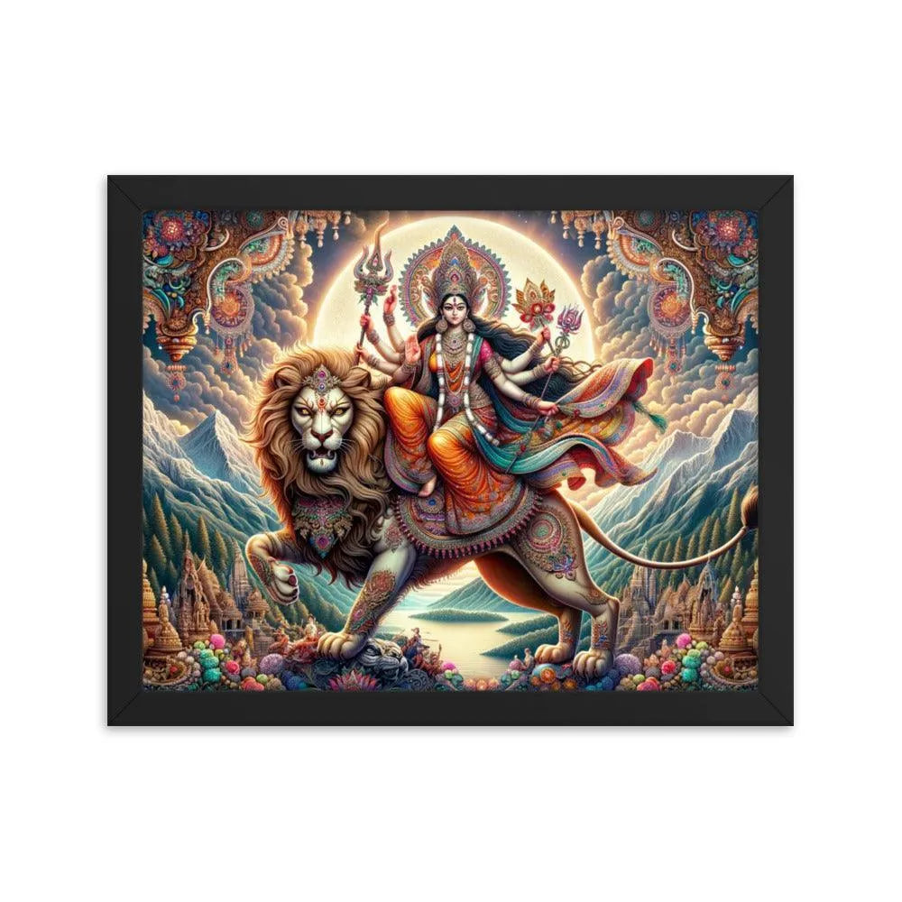 Goddess Durga on Lion Divine Hindu Art Framed Poster - Oh Posters