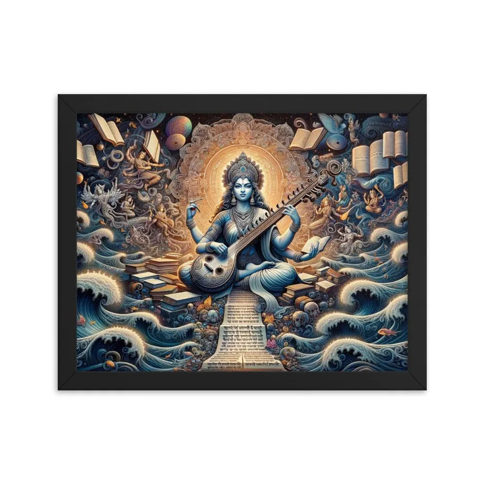 Goddess Saraswati Playing Veena amidst a Lush Landscape Hindu Artistic Framed Poster - Oh Posters