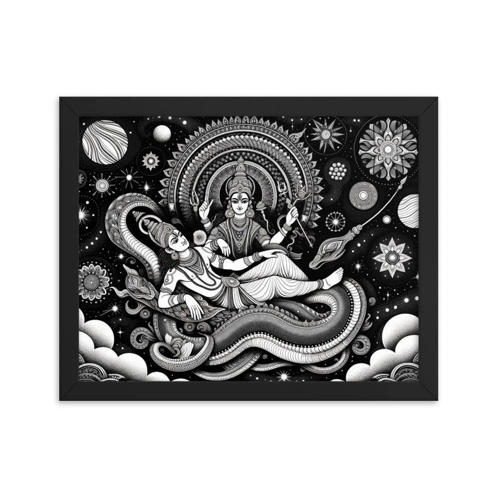 Hindu Lord Vishnu and Goddess Lakshmi Cosmic Serpent Divine Art Framed Poster - Oh Posters