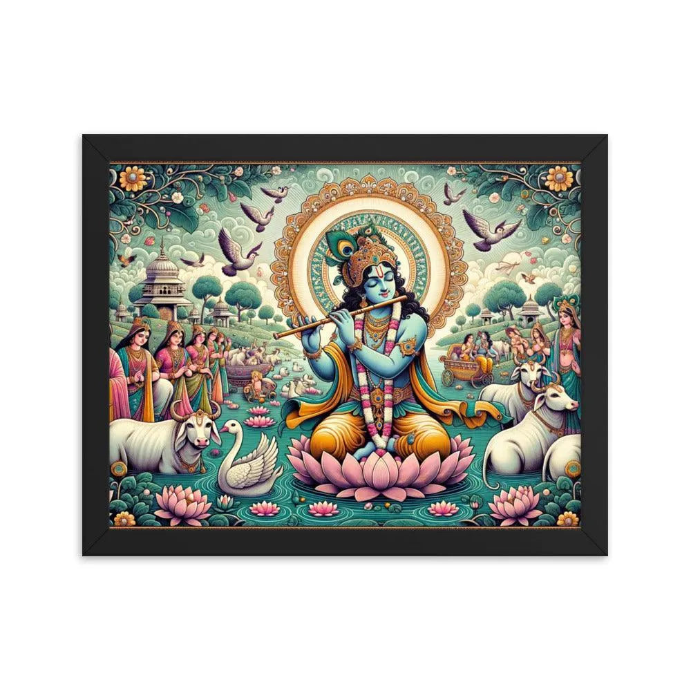 Hindu Lord Krishna Divine Flute Music Vrindavan Framed Poster - Oh Posters