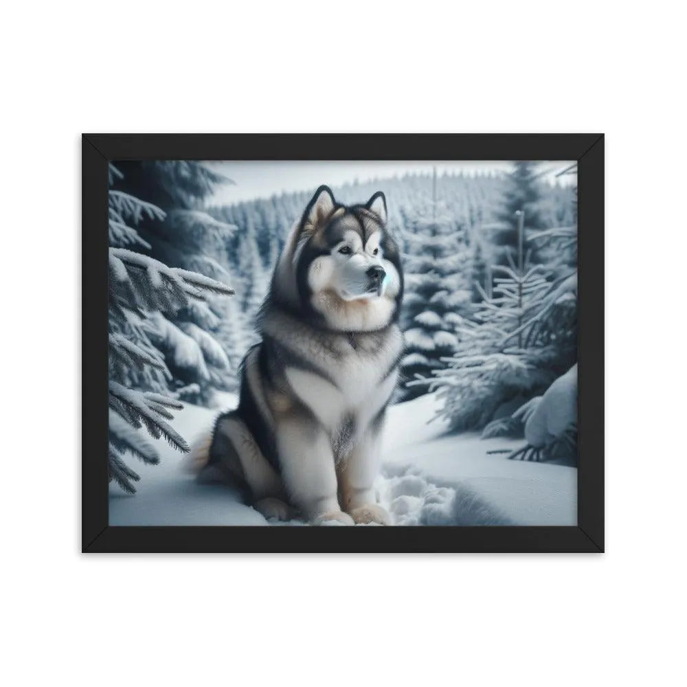 Graceful Alaskan Malamute in Wintry Forest Framed Poster - Oh Posters