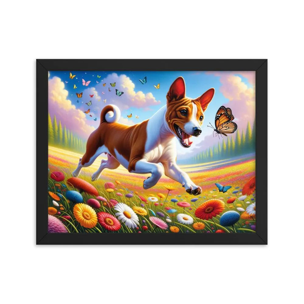 Energetic Basenji Dog Chasing Butterfly in Vibrant Meadow Landscape Framed Poster - Oh Posters