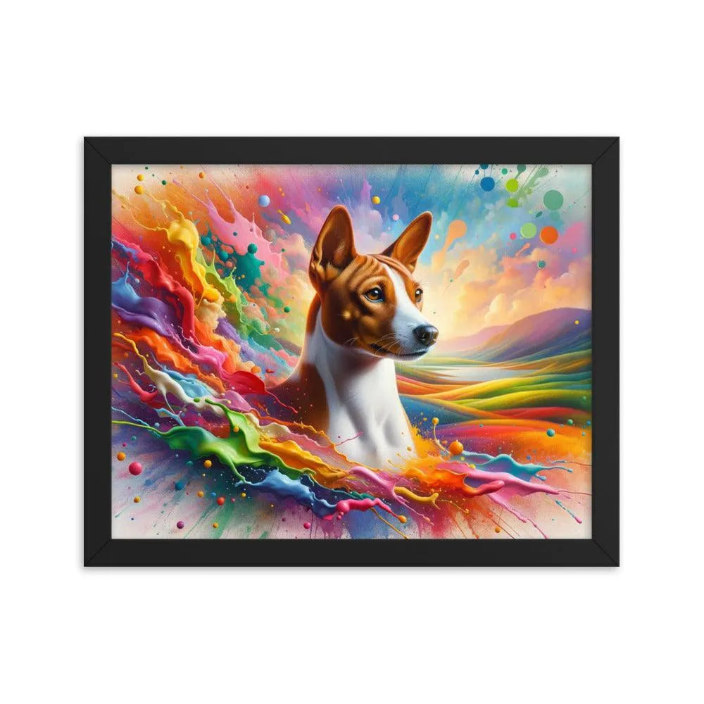 Realistic Basenji Dog Amidst Rainbow Splatter Framed Poster - Oh Posters