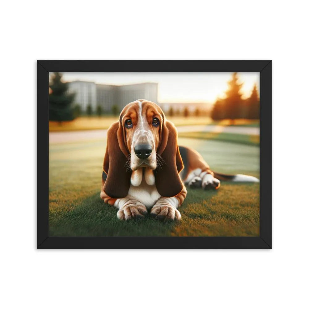 Gentle Basset Hound in Grassy Field Photo Framed Poster - Oh Posters