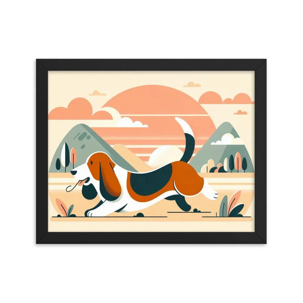 Joyful Basset Hound's Tail Chase Flat Art Framed Poster - Oh Posters