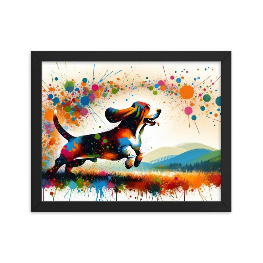 Joyful Basset Hound Playful Splatter Art Framed Poster - Oh Posters