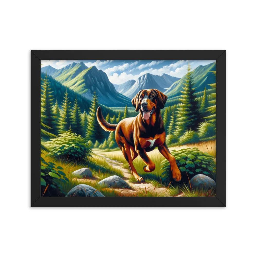 Playful Bavarian Mountain Hound in Mountain Forest Painting Framed Poster - Oh Posters