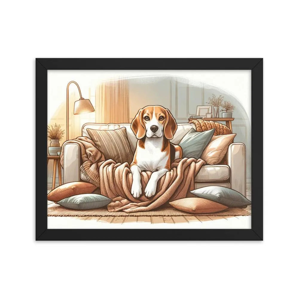 Cozy Beagle on the Couch Home Illustration Framed Poster - Oh Posters