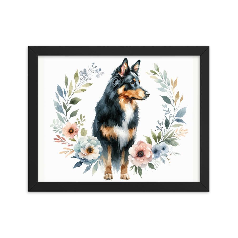 Elegant Beauceron Dog Poise with Soft Pastel Floral Watercolor Design Framed Poster - Oh Posters