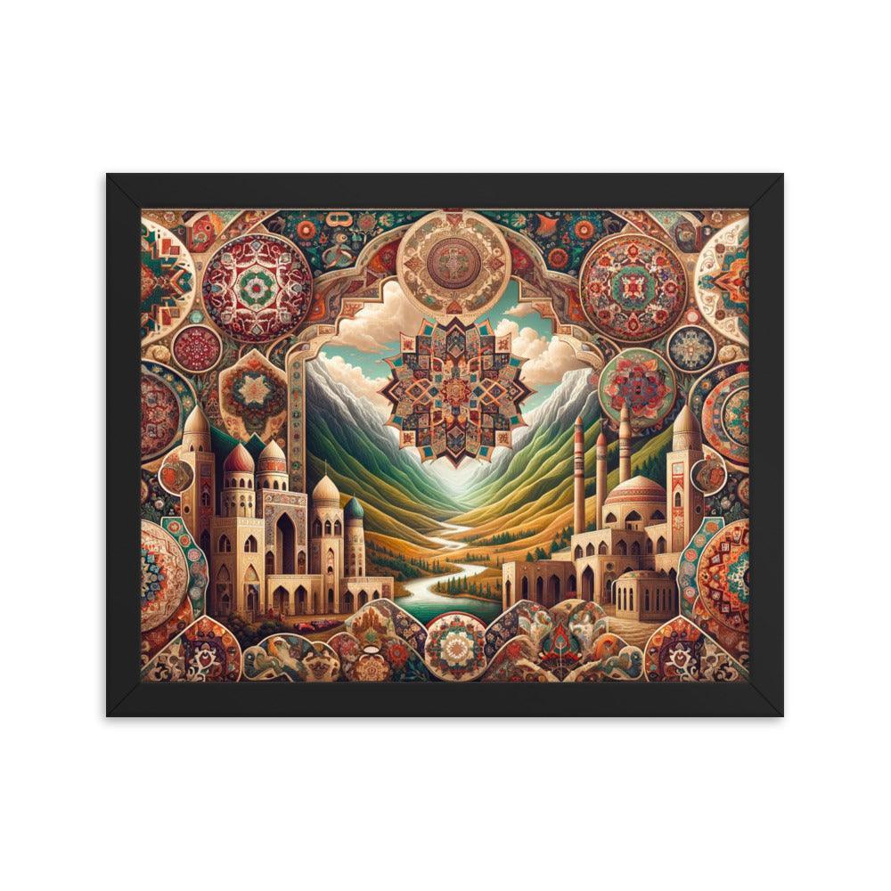 Captivating Azerbaijani Art Essence: Traditional Carpet Designs, Folkloric Symbols & Scenic Landscape Background Framed Poster - Oh Posters